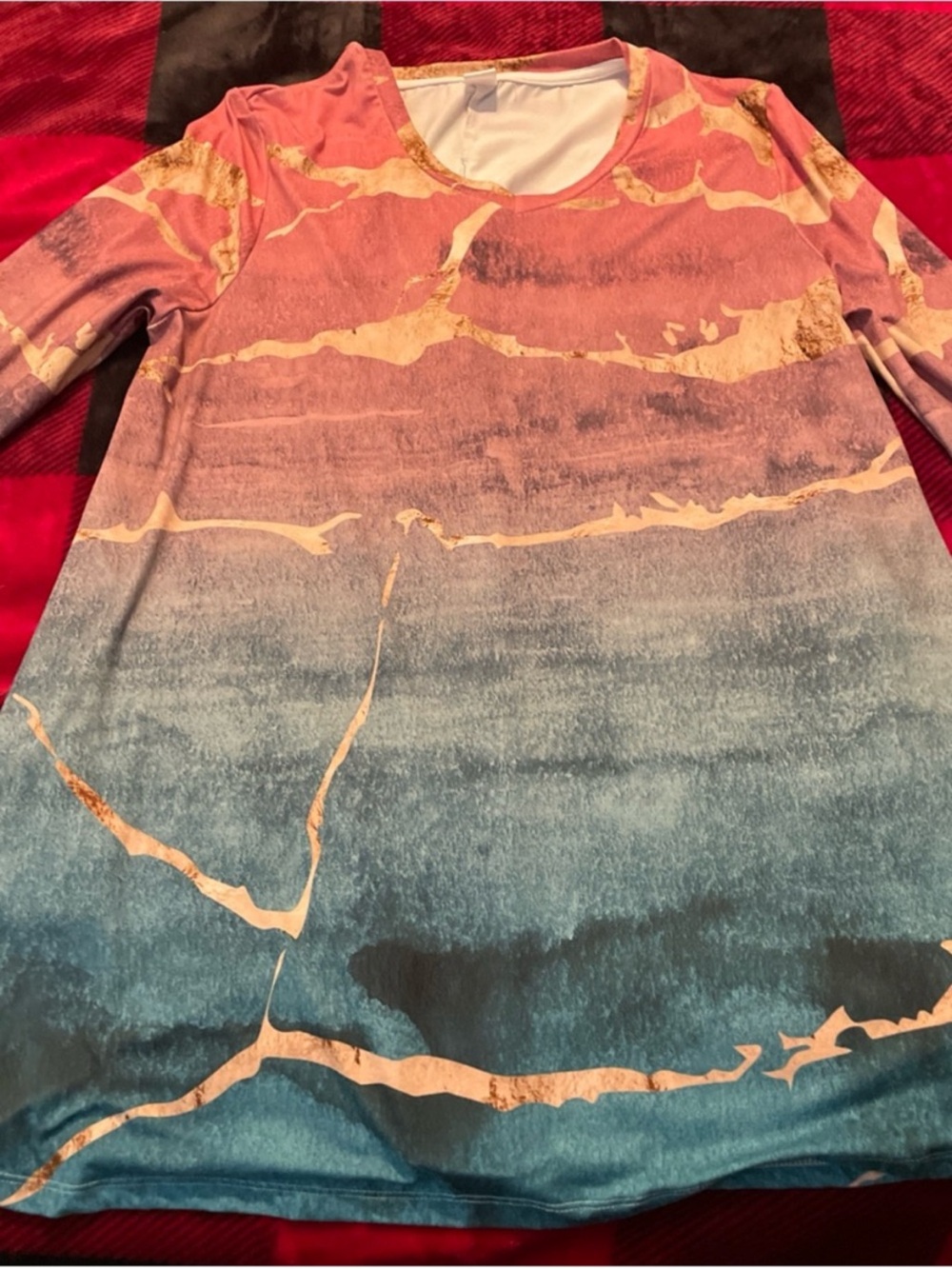 Long Sleeve Ombre Marble Print Women's Tee - Pink to Teal